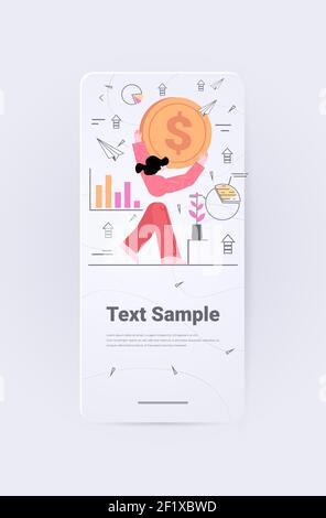 femme d'affaires donnant de l'argent pour un nouveau projet femme d'affaires tenant des pièces de monnaie concept d'investissement de financement participatif illustration verticale de vecteur d'espace de copie pleine longueur Illustration de Vecteur