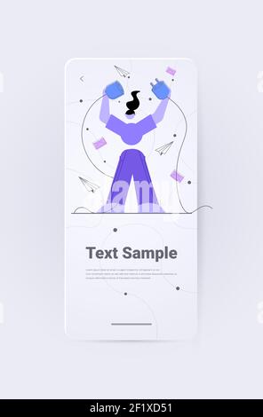 femme d'affaires connectant la fiche électrique avec la prise de connexion professionnelle nouveau projet illustration du vecteur d'espace de copie vertical complet du concept de démarrage Illustration de Vecteur