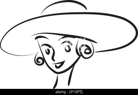 dessin vectoriel ligne facile noir et blanc chapeau beauté fille icône en forme de visage Illustration de Vecteur