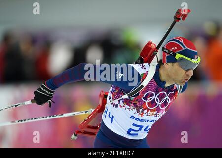 OLE Einar Bjoerndalen de Norvège, pendant le sprint masculin de biathlon 10 km des XXII Jeux Olympiques d'hiver Sotchi 2014, au complexe de ski de fond et biathlon Laura, le 8 février 2014 à Sotchi, Russie. Photo Pool KMSP / DPPI. OLE Einar Bjoerndalen a remporté la médaille d'or Banque D'Images