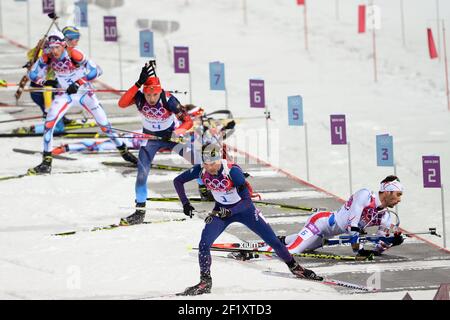 OLE Einar Bjoerndalen de Norvège, Martin Fourcade de France, Jean-Philippe le Guellec du Canada, Jaroslav Soukup de République tchèque, Dominik Landertinger d'Autriche, Anton Shipulin de Russie concourent lors de la poursuite du biathlon masculin de 12,5 km des XXII Jeux Olympiques d'hiver Sotchi 2014, Au complexe de ski de fond et de biathlon Laura, le 10 février 2014 à Sotchi, Russie. Photo Pool KMSP / DPPI Banque D'Images