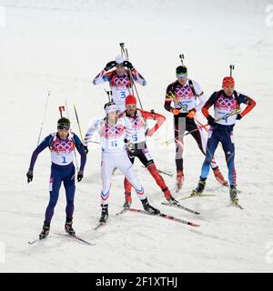 OLE Einar Bjoerndalen de Norvège, Martin Fourcade de France, Jean-Philippe le Guellec du Canada, Jaroslav Soukup de République tchèque, Dominik Landertinger d'Autriche, Anton Shipulin de Russie concourent lors de la poursuite du biathlon masculin de 12,5 km des XXII Jeux Olympiques d'hiver Sotchi 2014, Au complexe de ski de fond et de biathlon Laura, le 10 février 2014 à Sotchi, Russie. Photo Pool KMSP / DPPI Banque D'Images