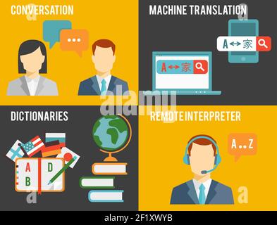 Conception graphique couleur simple du concept de traduction en langue étrangère sur fond orange et gris. Illustration de Vecteur