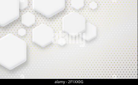 Illustration abstraite futuriste d'arrière-plan blanc avec des formes géométriques hexagonales et une texture dorée de luxe. Design moderne minimaliste et épuré, espace copie Illustration de Vecteur
