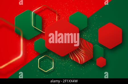 Illustration d'arrière-plan de Noël, formes hexagonales géométriques abstraites en 3d avec paillettes dorées, espace pour les copies et cadres dorés sur fond de couleur festive. VIP Illustration de Vecteur