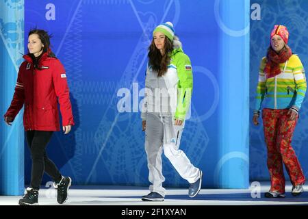 Ski alpin Ladien's Giant Slalom Podium, Anna Fenninger d'Autriche, médaille d'argent, Tina Maze de Slovénie, médaille d'or et Viktoria Rebensburg d'Allemagne, médaille de bronze, à la place médailles pendant les XXII Jeux Olympiques d'hiver Sotchi 2014, jour 12, le 19 février 2014 à Sotchi, Russie. Photo Pool KMSP / DPPI Banque D'Images