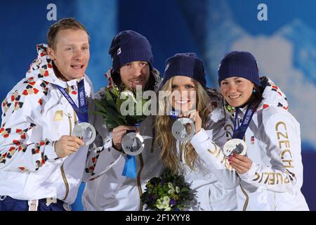 Biathlon Relais mixte Podium, Team République Tchèque (Veronika Vitkova, Gabriela Soulakova, Jaroslav Soukup, Ondrej Moravec), est la médaille d'argent, À la place médailles pendant les XXII Jeux Olympiques d'hiver Sotchi 2014, jour 13, le 20 février 2014 à Sotchi, Russie. Photo Pool KMSP / DPPI Banque D'Images