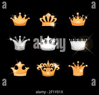 Ensemble d'icônes vectorielles de couronnes en or et en argent montrant neuf différents motifs pour la royauté ou l'héraldique avec effet scintillant métallisé ou un petit bijou Illustration de Vecteur