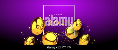 Joyeux nouvel an 2021 bannière web de ballon 3D d'or réaliste sur fond bleu élégant avec confetti de fête. Ballons dynamiques décoration flottante Illustration de Vecteur
