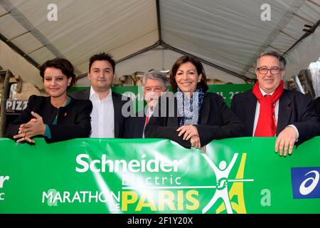 Najat Vallaud-Belkacem, Anne Hidalgo, Bernard Amsalem lors du Marathon de Paris 2014, France, 6 avril 2014, photo Julien Crosnier / KMSP / DPPI Banque D'Images