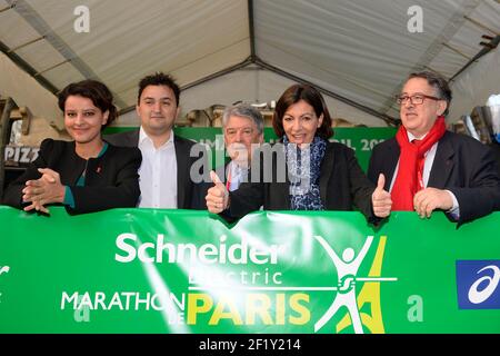 Najat Vallaud-Belkacem, Anne Hidalgo, Bernard Amsalem lors du Marathon de Paris 2014, France, 6 avril 2014, photo Julien Crosnier / KMSP / DPPI Banque D'Images