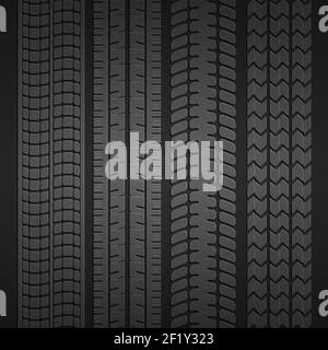 Jeu d'impressions de différents types de pneus sur fond gris foncé. Illustration vectorielle Illustration de Vecteur