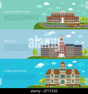 Bannières pour l'éducation scolaire, l'enseignement secondaire et l'étude universitaire. Étudiant et campus, remise des diplômes et construction d'architecture, illustration vectorielle Illustration de Vecteur