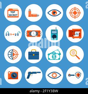 Accessoires pour Spy et icônes de gadgets assortis Vector isolés sur fond bleu. Illustration de Vecteur