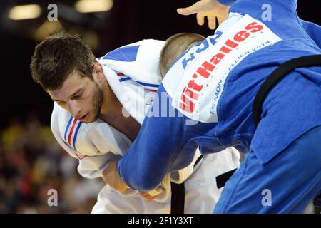 Alexandre Iddir (-90kg) de France est en compétition contre Gergo Fogasy de Hongrie lors de la deuxième manche des Championnats d'Europe, le 26 avril 2014, au Park&Suites Arena de Montpellier, France. Photo Philippe Millereau / KMSP / DPPI Banque D'Images