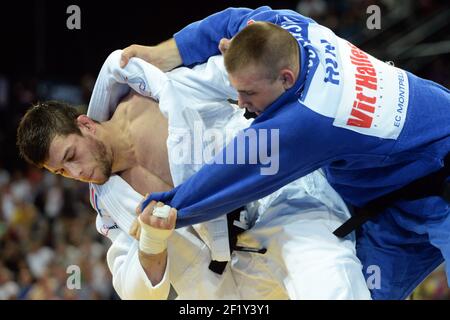 Alexandre Iddir (-90kg) de France est en compétition contre Gergo Fogasy de Hongrie lors de la deuxième manche des Championnats d'Europe, le 26 avril 2014, au Park&Suites Arena de Montpellier, France. Photo Philippe Millereau / KMSP / DPPI Banque D'Images