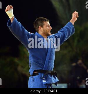 Alexandre Iddir (-90kg) de France réagit après sa médaille de bronze lors du match de médaille de bronze des Championnats d'Europe, le 26 avril 2014, au Park&Suites Arena de Montpellier, France. Photo Philippe Millereau / KMSP / DPPI Banque D'Images