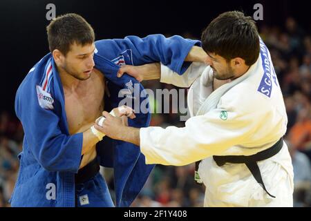 Alexandre Iddir (-90kg) de France est en compétition contre Shahin Gahramanov d'Azerbadjan lors de la quart de finale des Championnats d'Europe, le 26 avril 2014, au Park&Suites Arena de Montpellier, France. Photo Philippe Millereau / KMSP / DPPI Banque D'Images