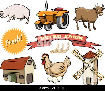 Ensemble d'icônes vectorielles de couleur Retro Farm représentant un cochon Grange à vaches de tracteur posant le moulin à vent de poule ou moulin un frais logo et bannière ruban avec le tex Illustration de Vecteur