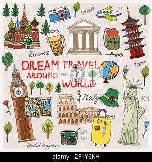 Il est temps de voyager avec des sites de différents pays Illustration de Vecteur