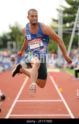 Benjamin Compaore (FRA) sur Triple Jump Men lors des Championnats de France élite 2014, au Stade Georges-Hebert, Reims, France, le 12 juillet 2014. Photo Stephane Kempinaire / KMSP / DPPI Banque D'Images