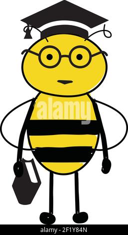 Dessin animé mignon abeille portant des lunettes et académique. Abeille intelligente. Livre de la main de Wise Bee. Illustration de Vecteur