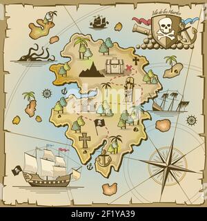 Carte vectorielle de l'île du Trésor pirate. Navire de mer, océan d'aventure, crâne et papier, art de navigation et illustration de canon Illustration de Vecteur