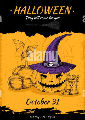 Affiche tirée à la main d'Halloween avec lanterne de manque en violet chapeau de sorcière sur l'illustration vectorielle d'arrière-plan de texture Illustration de Vecteur