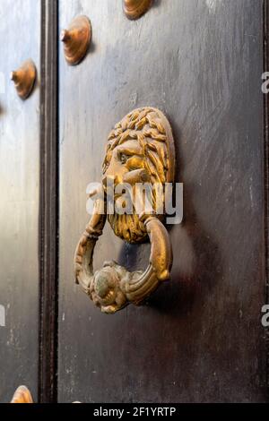 Knock bronzé sur une porte en bois sombre Banque D'Images