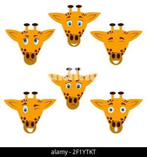 Ensemble d'illustrations vectorielles isolées sur fond blanc emoji dessin animé personnage girafe tête autocollants émoticônes avec différentes émotions pour le site Web, Illustration de Vecteur