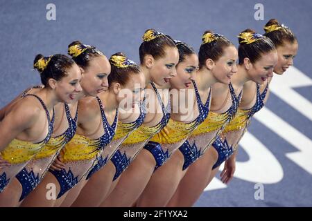 Carolane Canavese, Alice Carbonnel, Esther Ducrocq, Inesse Guermoud, Solene Lusseau, Estelle Philibert, Abbygaelle Slonina, Laura Tremble, Camille Egidio, Charlotte Tremble se disputent en natation synchronisée, qualification des équipes routine libre, pendant les 1ers Jeux Olympiques européens 2015 à Bakou, Azerbaïdjan, jour 0, le 12 juin 2015 - photo Philippe Millereau / KMSP / DPPI Banque D'Images