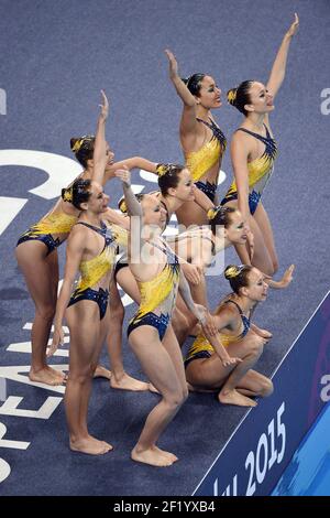 Carolane Canavese, Alice Carbonnel, Esther Ducrocq, Inesse Guermoud, Solene Lusseau, Estelle Philibert, Abbygaelle Slonina, Laura Tremble, Camille Egidio, Charlotte Tremble se disputent en natation synchronisée, qualification des équipes routine libre, pendant les 1ers Jeux Olympiques européens 2015 à Bakou, Azerbaïdjan, jour 0, le 12 juin 2015 - photo Philippe Millereau / KMSP / DPPI Banque D'Images