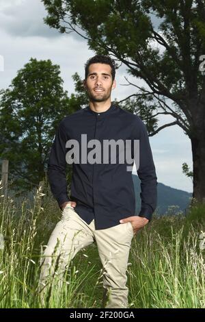 Martin Fourcade de France pose à domicile, à Lans en Vercors, France, le 1er juin 2015. Photo Philippe Millereau / KMSP / DPPI Banque D'Images