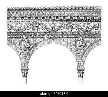 Gravure antique du XIXe siècle d'arcade de Certosa di Pavia en Lombardie, Italie. Publié dans Systematischer Bilder-Atlas zum conversations-Lexikon, Banque D'Images