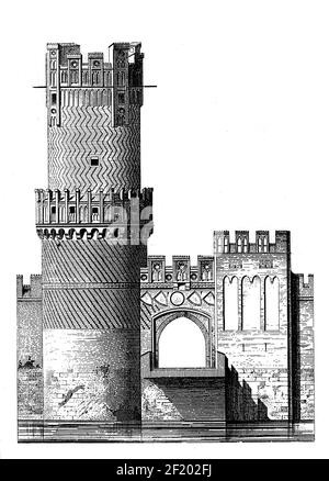 Ancienne gravure du XIXe siècle de la porte de la ville de Tangermunde, Allemagne. Publié dans Systematischer Bilder-Atlas zum conversations-Lexikon, Ikonographisc Banque D'Images