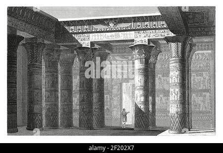 Ancienne gravure du XIXe siècle d'une cour dans un temple de Philae. Publié dans Systematischer Bilder-Atlas zum conversations-Lexikon, Ikonographische Banque D'Images