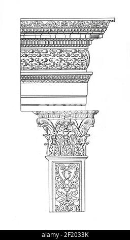 Illustration antique des détails d'un temple à Palmyra, Syrie. Publié dans Systematischer Bilder-Atlas zum conversations-Lexikon, Ikonographische en Banque D'Images