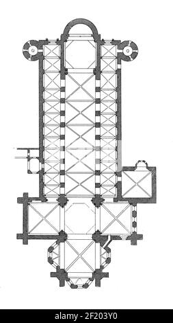 Gravure antique du plan d'étage de la cathédrale de Mayence. Publié dans Systematischer Bilder-Atlas zum conversations-Lexikon, Ikonographische Encyklopedie Banque D'Images