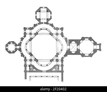 Ancienne gravure du XIXe siècle d'un plan d'étage de la basilique San Lorenzo à Milan. Publié dans Systematischer Bilder-Atlas zum conversations-Lex Banque D'Images