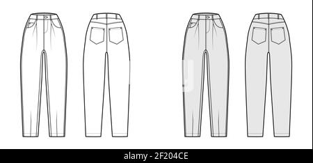 Pantalons en denim à jambe élastique illustration technique de la mode avec longueur de cheville, taille normale, 5 poches, surdimensionné. Modèle à fond plat avant arrière blanc, gris. Femmes, hommes, maquette de CAD unisex Illustration de Vecteur