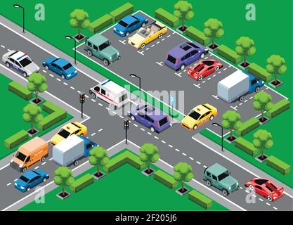 Modèle de circulation urbaine isométrique avec voitures et véhicules en mouvement colorés sur l'illustration vectorielle de la zone de stationnement Illustration de Vecteur