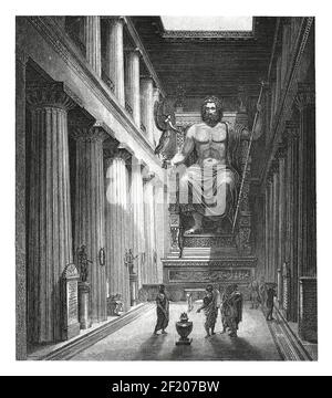 Illustration du XIXe siècle de l'intérieur du temple de Zeus à Olympie. Publié dans Systematischer Bilder-Atlas zum conversations-Lexikon, Ikonog Banque D'Images