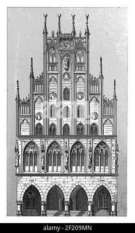 Ancienne gravure du XIXe siècle de l'hôtel de ville de Munster, Allemagne. Publié dans Systematischer Bilder-Atlas zum conversations-Lexikon, Ikonographische E Banque D'Images