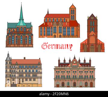 Allemagne monuments architecture, villes allemandes Rostock et bâtiments de Gustaw, vecteur. St Nikolai kirche, Marienkirche et Wismar rathaus, cistercien ca Illustration de Vecteur