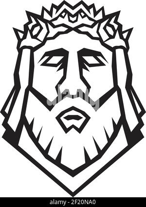 Illustration de style rétro de coupe de bois de la tête de Jésus-Christ Redeemer portant une couronne d'épines vue de devant arrière-plan isolé fait en noir Illustration de Vecteur