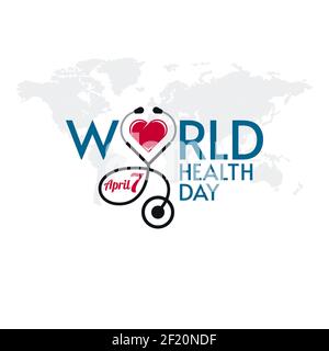 Lettrage typographique de la Journée mondiale de la Santé avec stéthoscope et forme de coeur sur fond texturé de la carte du monde. Conception de bannières médicales. Illustration de Vecteur