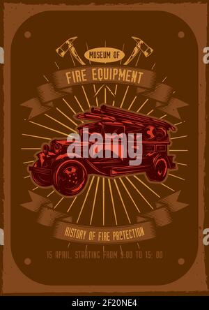 T-shirt ou affiche avec illustration d'un camion d'incendie avec des axes sur le fond. Illustration de Vecteur