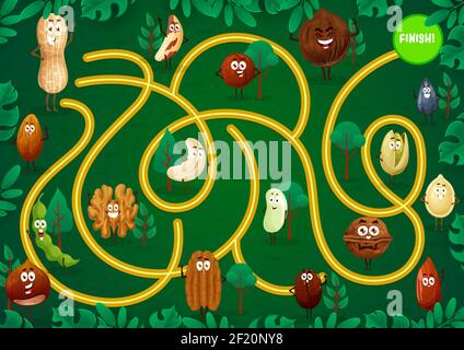 Labyrinthe de jeux pour enfants avec des personnages de dessin animé de noix. Labyrinthe d'enfant avec des grains de cacahuète, d'amande et de noix de coco souriants, de noix, de citrouille et de tournesol. Kinde Illustration de Vecteur