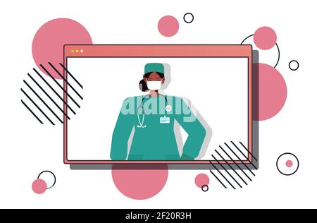 femme médecin dans la fenêtre de navigateur web portant le masque pour empêcher coronavirus pandémie consultation médicale en ligne concept portrait horizontal vecteur illustration Illustration de Vecteur