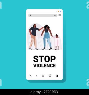 un mari en colère qui frappe sa femme et sa fille s'arrête à la maison violence et agression contre les femmes smartphone écran mobile application vecteur illustration Illustration de Vecteur